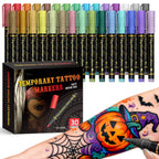 Temporary Tattoo Markers for Skin – 10 Bright Colors, Brush Tip, Cosmetic-Grade Face & Body Paint Pens for Parties & Halloween Makeup