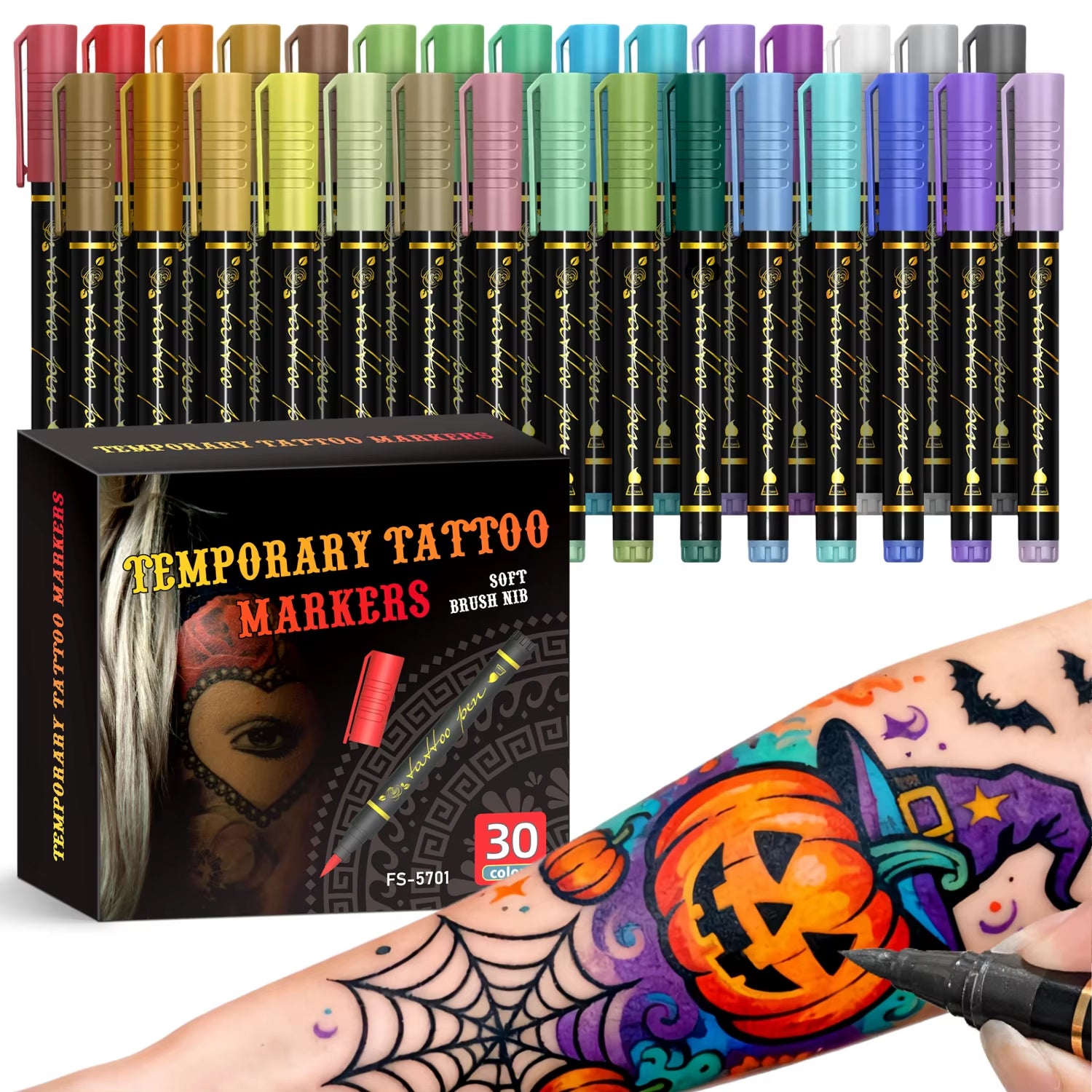Temporary Tattoo Markers for Skin – 10 Bright Colors, Brush Tip, Cosmetic-Grade Face & Body Paint Pens for Parties & Halloween Makeup