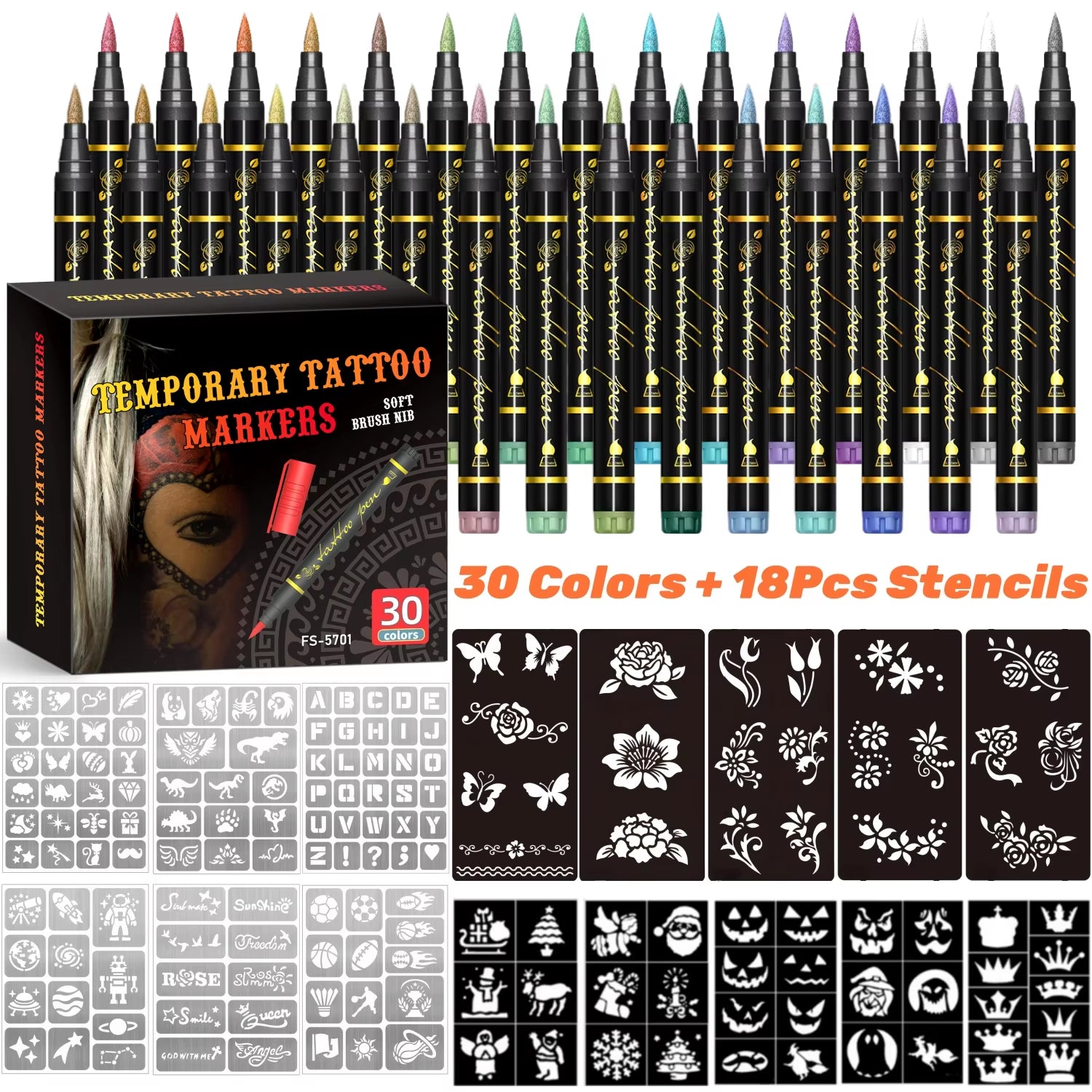 Temporary Tattoo Markers for Skin – 10 Bright Colors, Brush Tip, Cosmetic-Grade Face & Body Paint Pens for Parties & Halloween Makeup