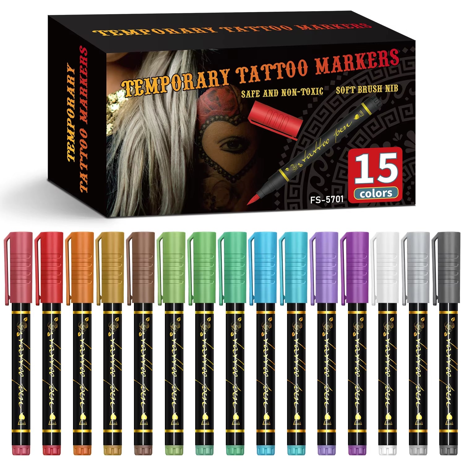 Temporary Tattoo Markers for Skin – 10 Bright Colors, Brush Tip, Cosmetic-Grade Face & Body Paint Pens for Parties & Halloween Makeup
