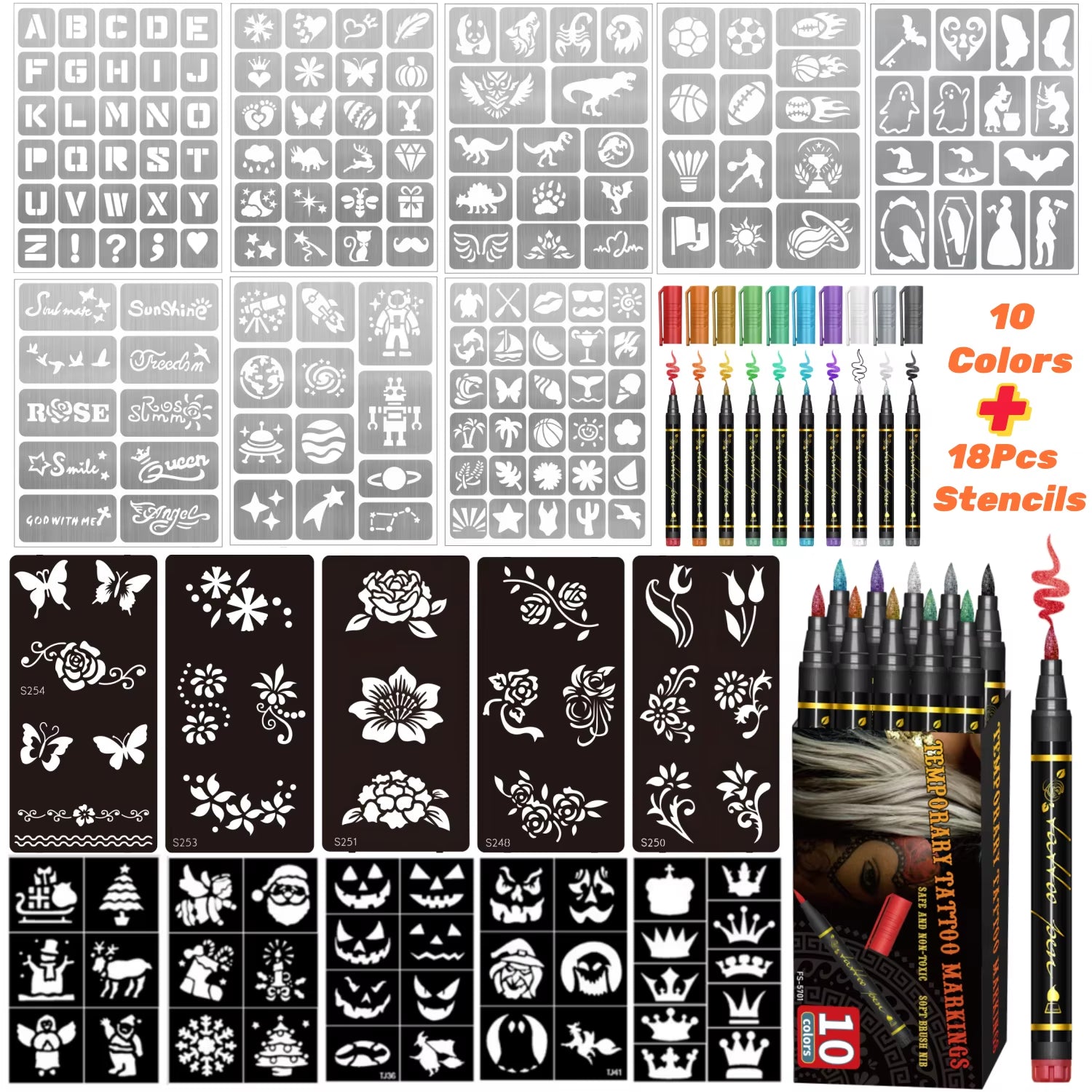 Temporary Tattoo Markers for Skin – 10 Bright Colors, Brush Tip, Cosmetic-Grade Face & Body Paint Pens for Parties & Halloween Makeup
