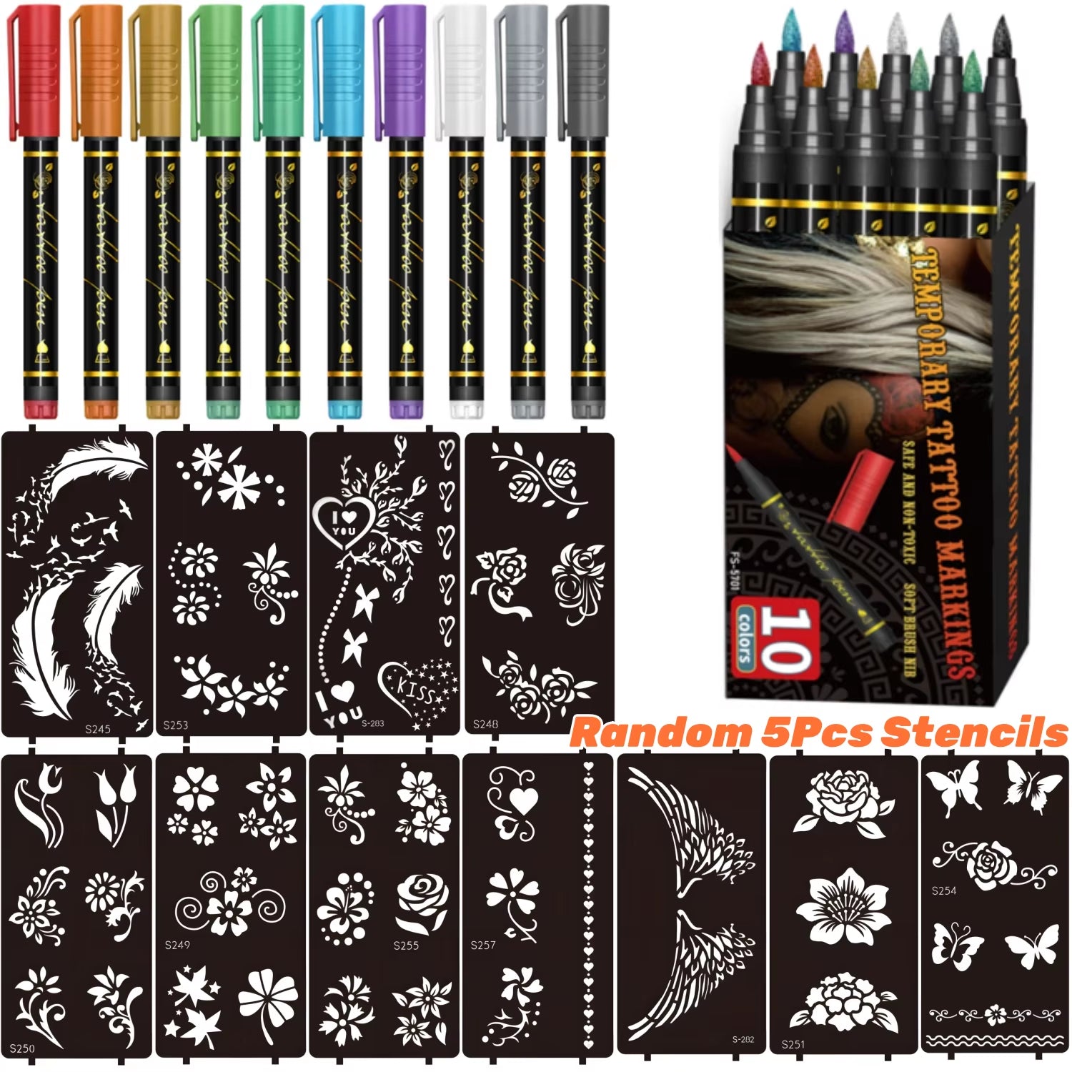 Temporary Tattoo Markers for Skin – 10 Bright Colors, Brush Tip, Cosmetic-Grade Face & Body Paint Pens for Parties & Halloween Makeup