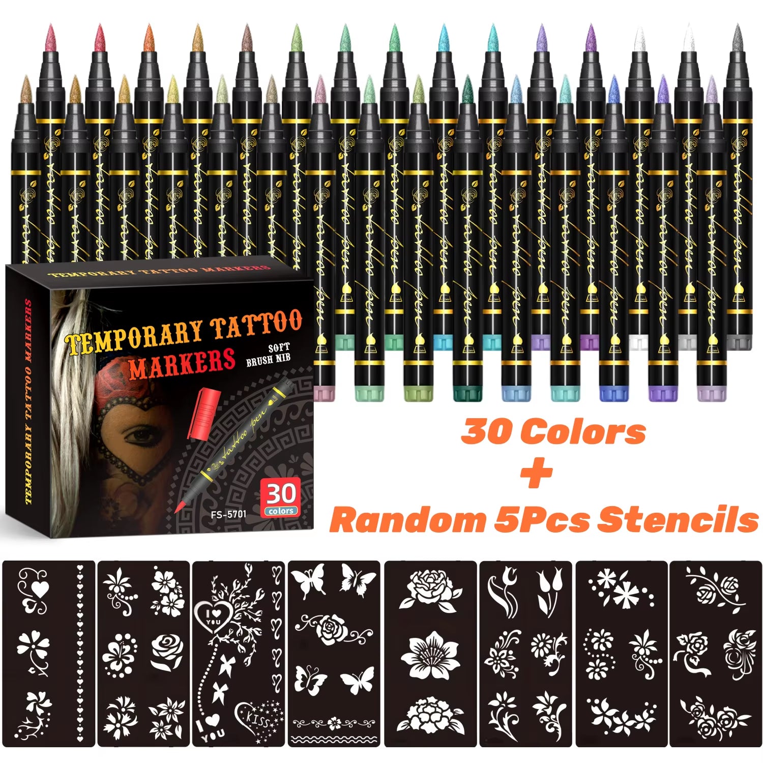 Temporary Tattoo Markers for Skin – 10 Bright Colors, Brush Tip, Cosmetic-Grade Face & Body Paint Pens for Parties & Halloween Makeup