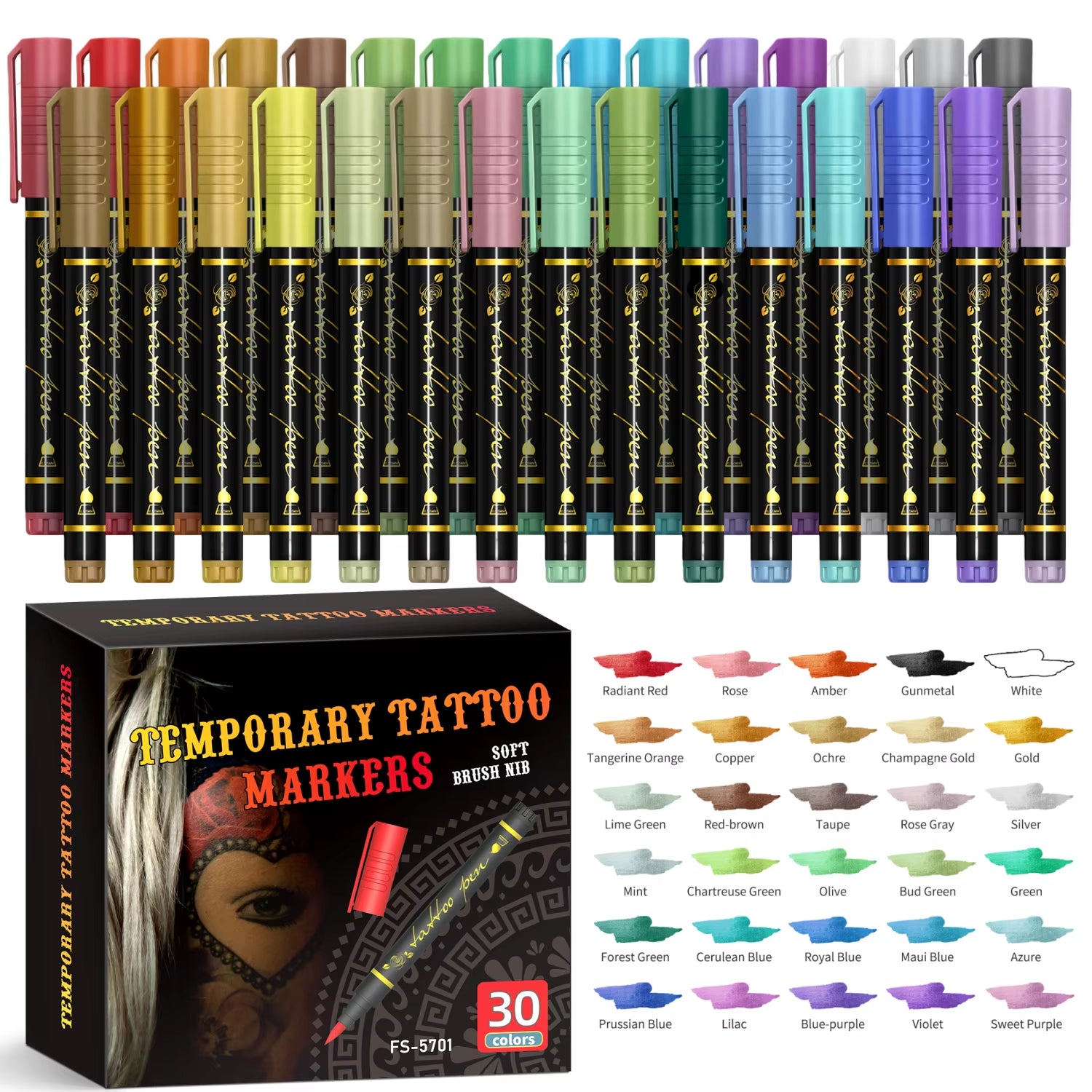 Temporary Tattoo Markers for Skin – 10 Bright Colors, Brush Tip, Cosmetic-Grade Face & Body Paint Pens for Parties & Halloween Makeup