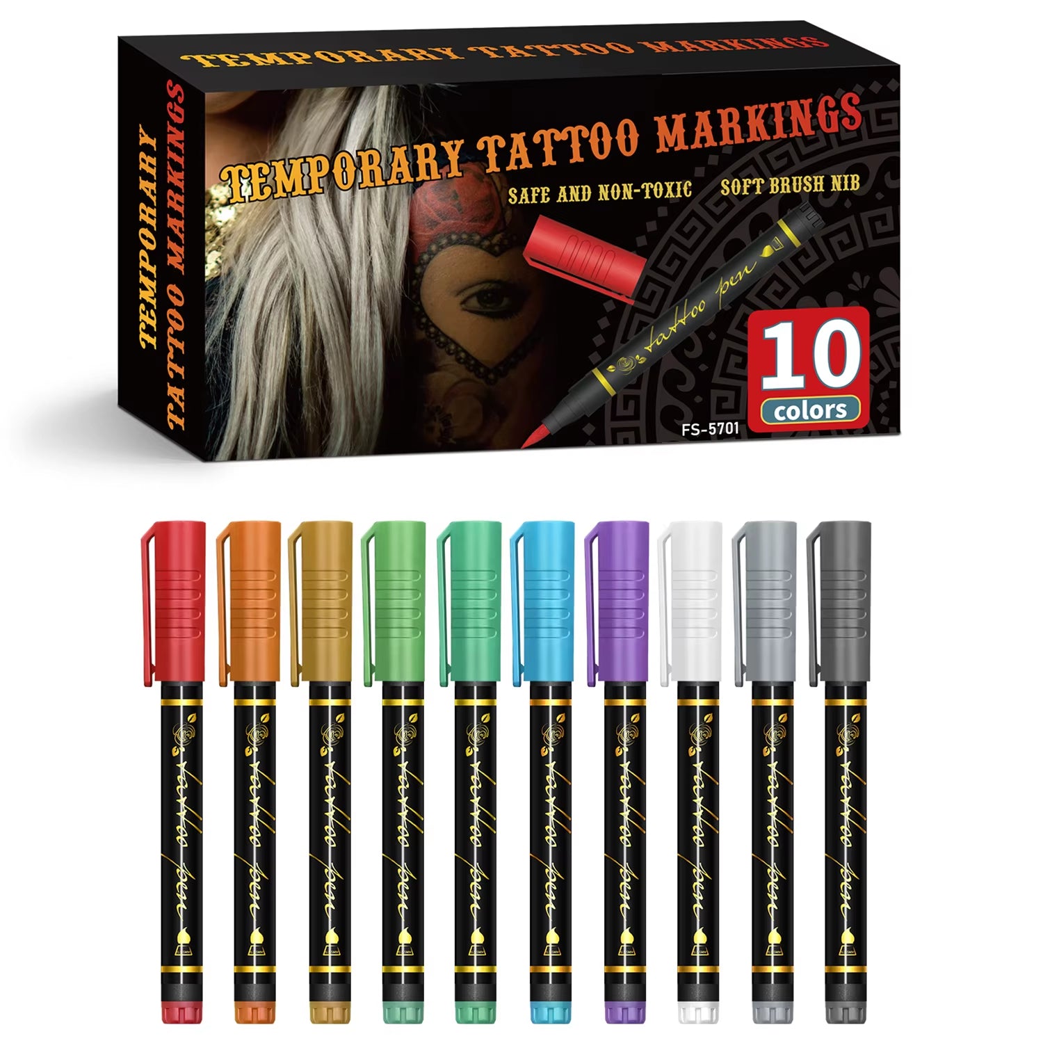Temporary Tattoo Markers for Skin – 10 Bright Colors, Brush Tip, Cosmetic-Grade Face & Body Paint Pens for Parties & Halloween Makeup