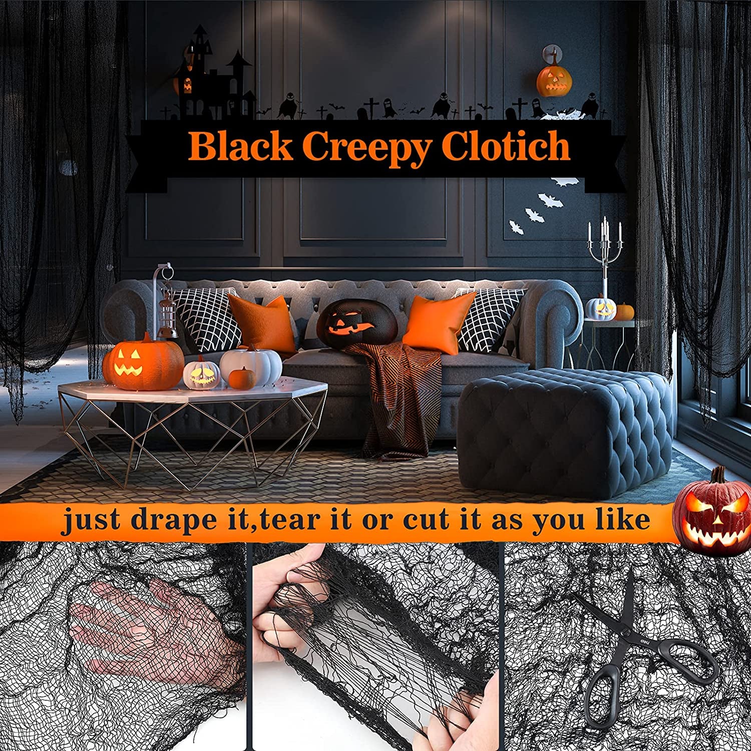 5-Pack Black Creepy Cloth - 30×72 in Halloween Decoration Fabric | Tearable Cheesecloth for Haunted Houses (Indoor/Outdoor)